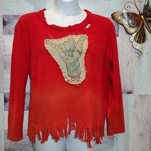 Upcycled Zombie Hand Red Sweater Ombre Hand Stitch Grafitti Fringe XXL 1023